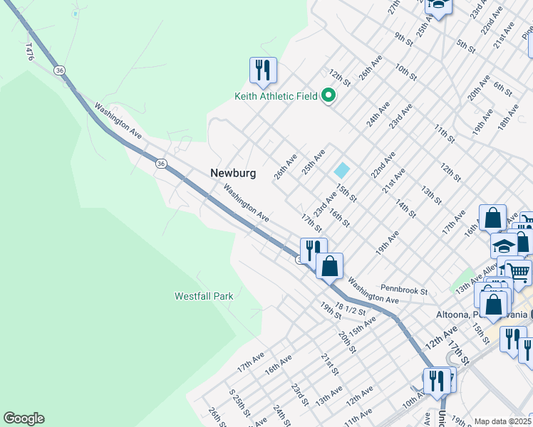 map of restaurants, bars, coffee shops, grocery stores, and more near 2524 Washington Avenue in Altoona