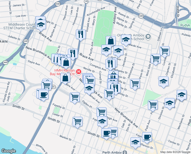 map of restaurants, bars, coffee shops, grocery stores, and more near 438 Lawrie Street in Perth Amboy