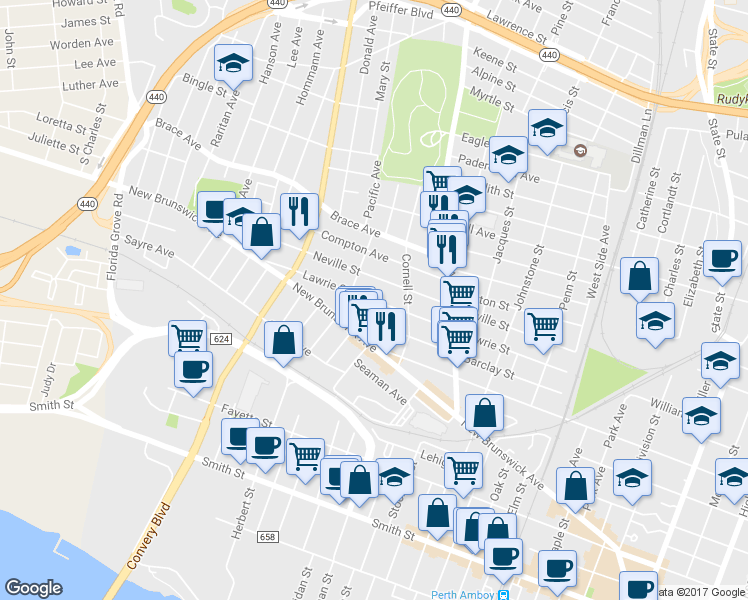 map of restaurants, bars, coffee shops, grocery stores, and more near 451 Lawrie Street in Perth Amboy