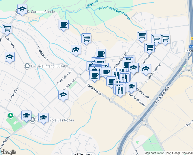 map of restaurants, bars, coffee shops, grocery stores, and more near 3 Calle Juan Ramón Jiménez in Las Rozas de Madrid