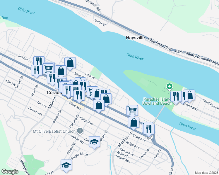 map of restaurants, bars, coffee shops, grocery stores, and more near 1205 1st Avenue in Coraopolis