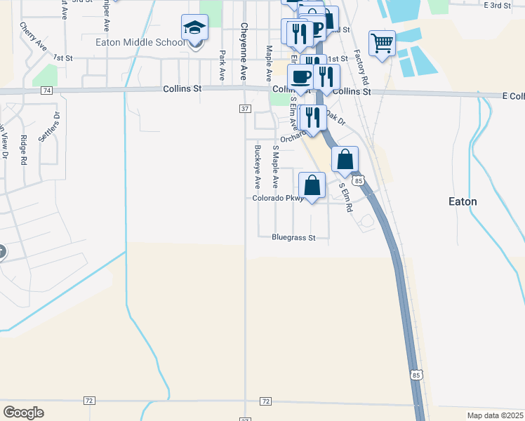 map of restaurants, bars, coffee shops, grocery stores, and more near 425 Buckeye Avenue in Eaton