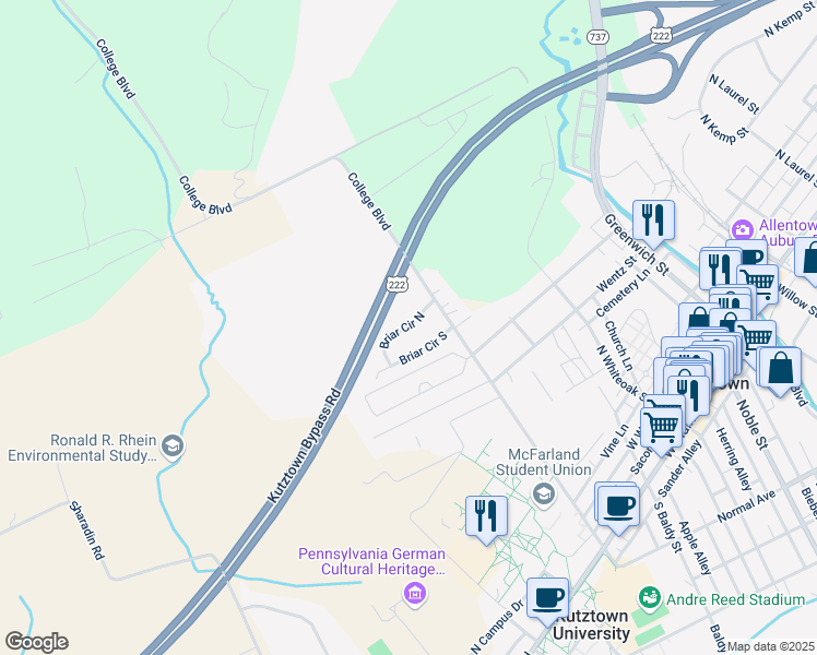 map of restaurants, bars, coffee shops, grocery stores, and more near Briar Circle North in Kutztown