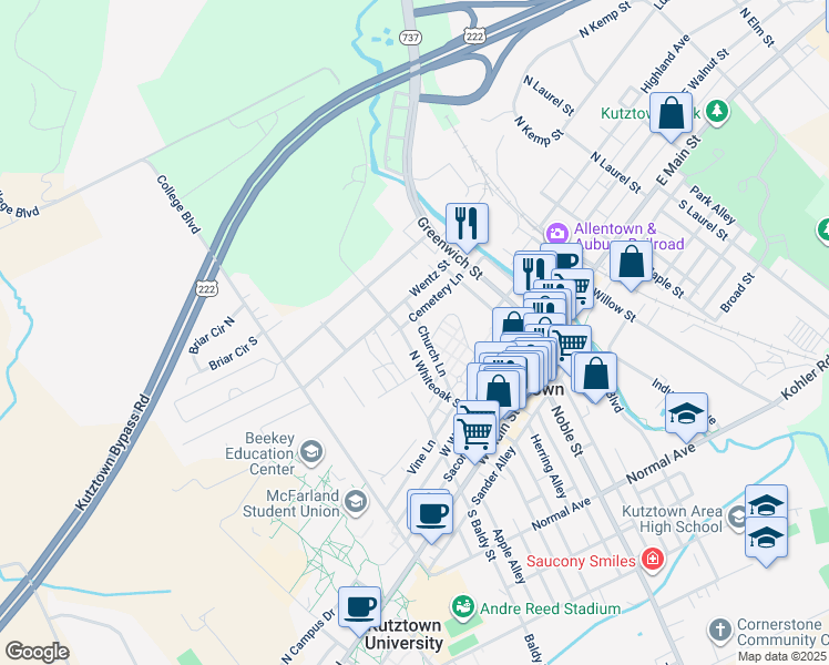 map of restaurants, bars, coffee shops, grocery stores, and more near 264 North Whiteoak Street in Kutztown