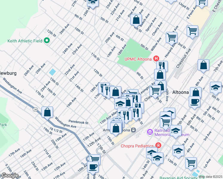 map of restaurants, bars, coffee shops, grocery stores, and more near 1201-03 17th Avenue in Altoona