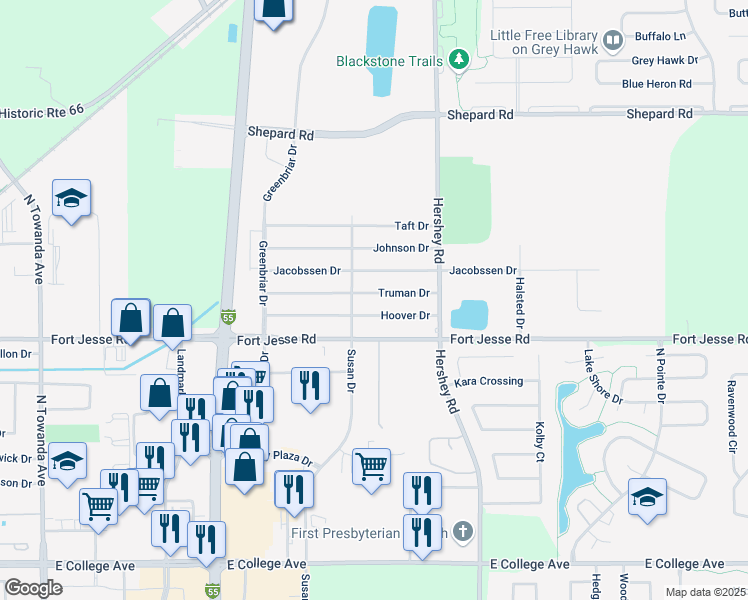 map of restaurants, bars, coffee shops, grocery stores, and more near in Normal
