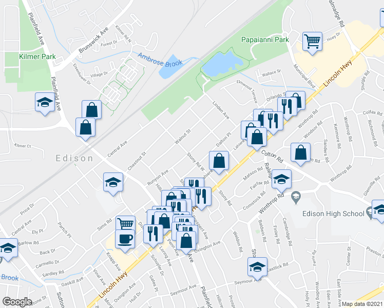 map of restaurants, bars, coffee shops, grocery stores, and more near 40 Runyon Avenue in Edison