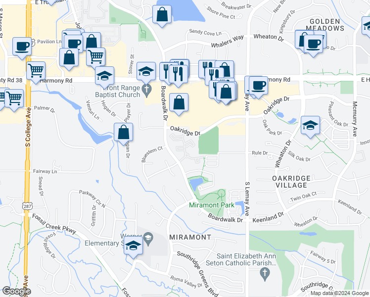 map of restaurants, bars, coffee shops, grocery stores, and more near 4900 East Boardwalk Drive in Fort Collins
