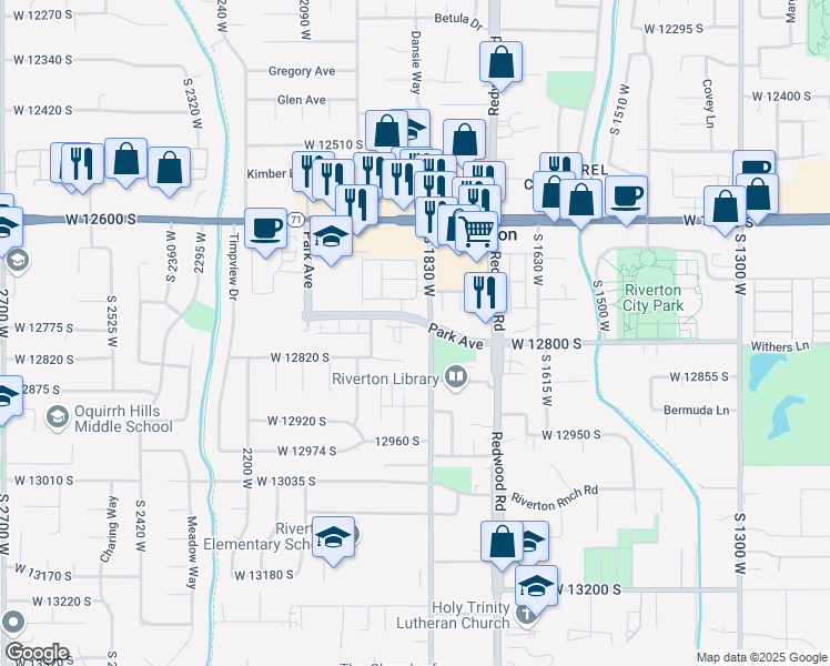 map of restaurants, bars, coffee shops, grocery stores, and more near 1868 Park Avenue in Riverton
