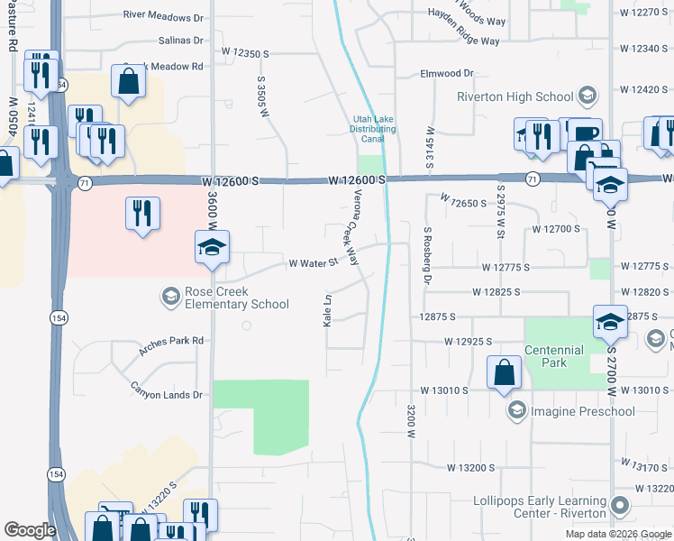 map of restaurants, bars, coffee shops, grocery stores, and more near 3336 Water Street in Riverton