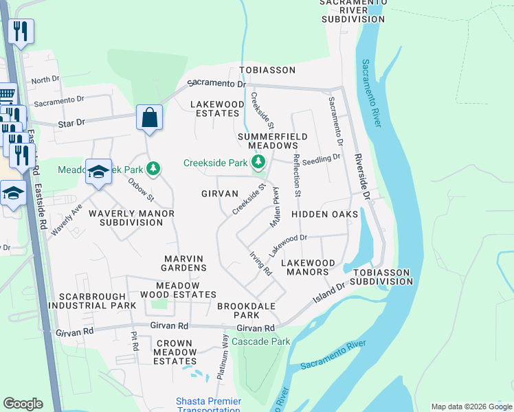 map of restaurants, bars, coffee shops, grocery stores, and more near 6629 Creekside Street in Redding