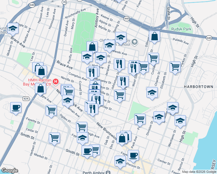 map of restaurants, bars, coffee shops, grocery stores, and more near 566 Jacques Street in Perth Amboy