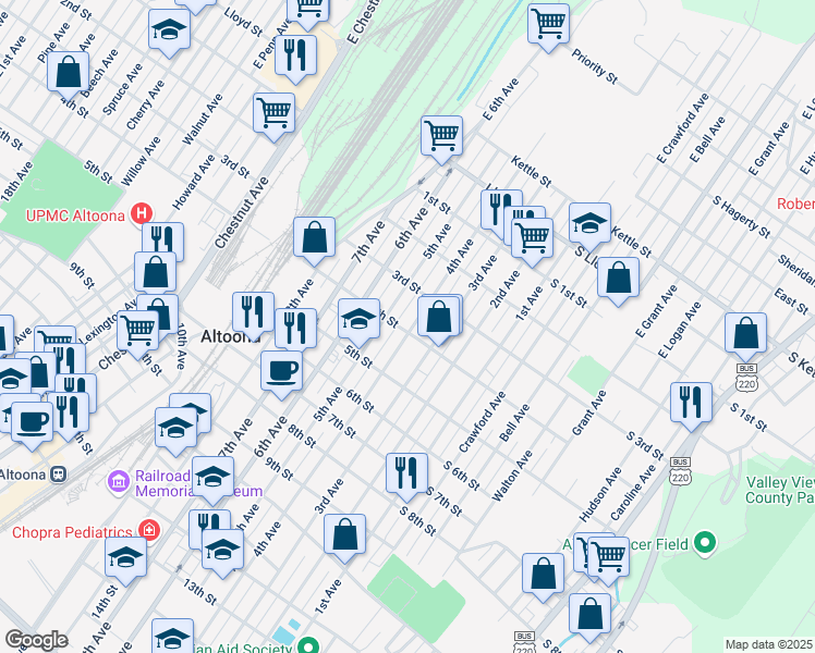 map of restaurants, bars, coffee shops, grocery stores, and more near 328 5th Avenue in Altoona