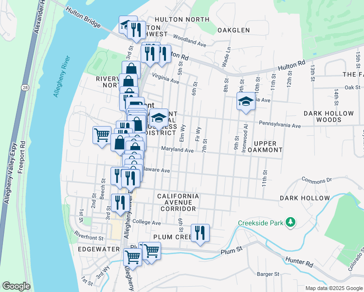 map of restaurants, bars, coffee shops, grocery stores, and more near 618 5th Street in Oakmont