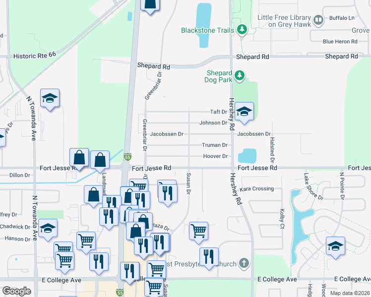 map of restaurants, bars, coffee shops, grocery stores, and more near in Normal
