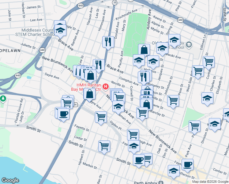 map of restaurants, bars, coffee shops, grocery stores, and more near 473 Lawrie Street in Perth Amboy