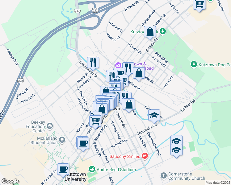 map of restaurants, bars, coffee shops, grocery stores, and more near 100 Constitution Boulevard in Kutztown