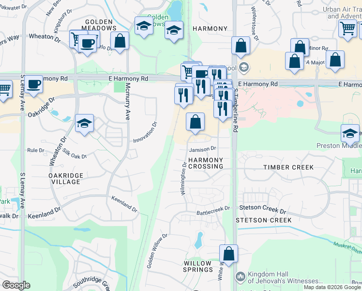 map of restaurants, bars, coffee shops, grocery stores, and more near 1903 Wilmington Drive in Fort Collins