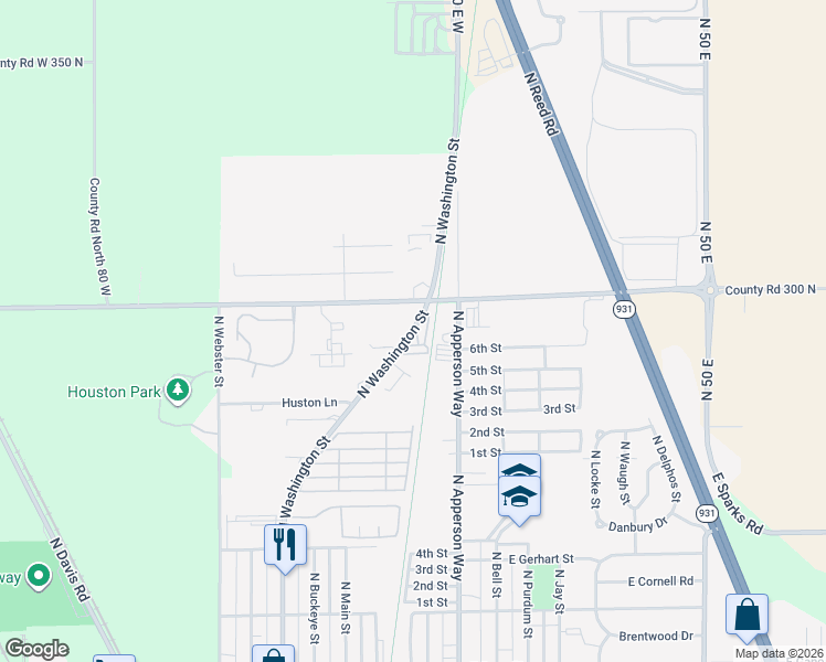 map of restaurants, bars, coffee shops, grocery stores, and more near 3091 North Washington Street in Kokomo