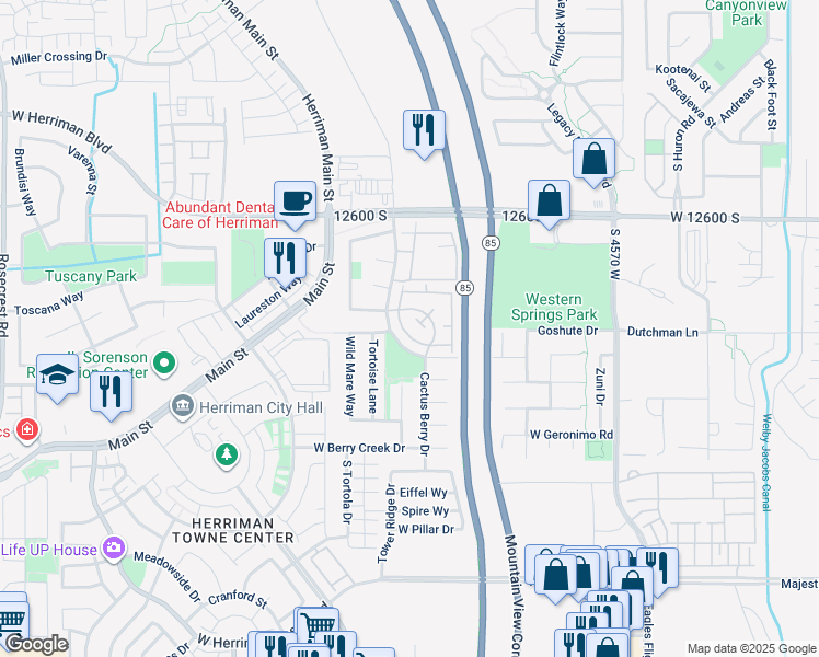 map of restaurants, bars, coffee shops, grocery stores, and more near 12793 South Timber Run Drive in Riverton