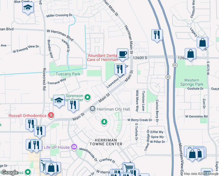 map of restaurants, bars, coffee shops, grocery stores, and more near 12782 Ashington Lane in Herriman