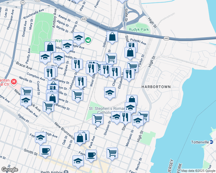 map of restaurants, bars, coffee shops, grocery stores, and more near 610 Cortlandt Street in Perth Amboy