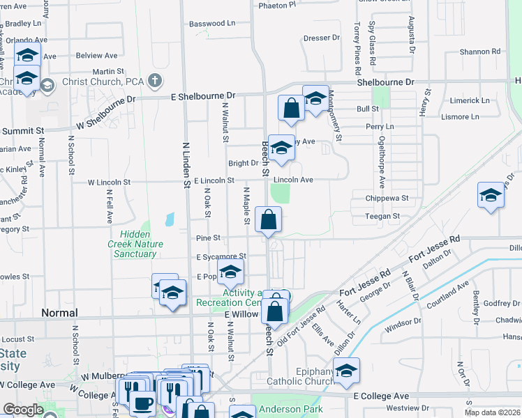 map of restaurants, bars, coffee shops, grocery stores, and more near 1004 North Maple Street in Normal