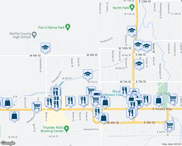map of restaurants, bars, coffee shops, grocery stores, and more near 752 Pershing Street in Craig