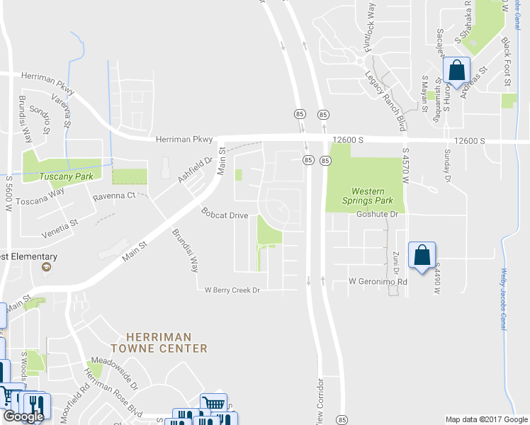 map of restaurants, bars, coffee shops, grocery stores, and more near 12784 South Timber Run Drive in Riverton