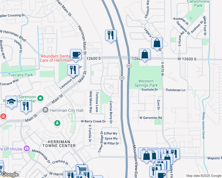 map of restaurants, bars, coffee shops, grocery stores, and more near 12779 South Snow Flower Court in Riverton