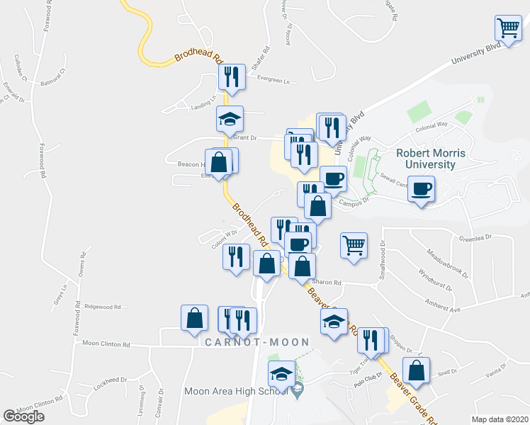 map of restaurants, bars, coffee shops, grocery stores, and more near 408 College Park Drive in Coraopolis