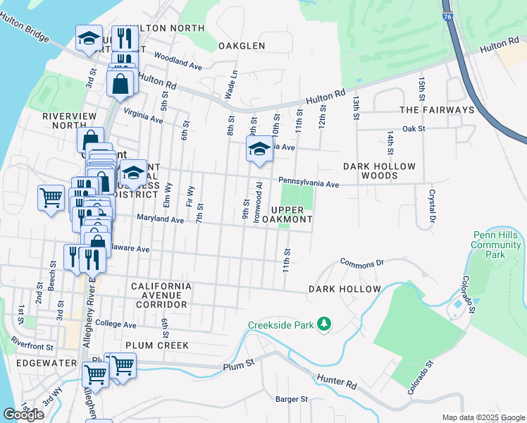 map of restaurants, bars, coffee shops, grocery stores, and more near 636 9th Street in Oakmont