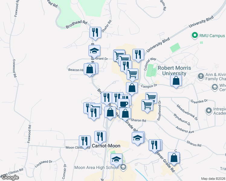 map of restaurants, bars, coffee shops, grocery stores, and more near 430 College Park Drive in Coraopolis
