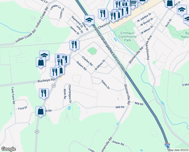 map of restaurants, bars, coffee shops, grocery stores, and more near 4172 Robert Road in Emmaus