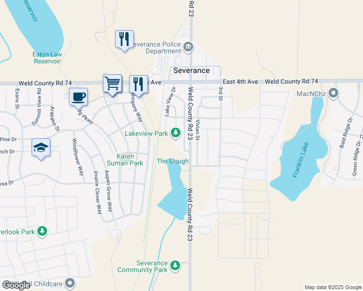 map of restaurants, bars, coffee shops, grocery stores, and more near 512 Broadview Drive in Severance
