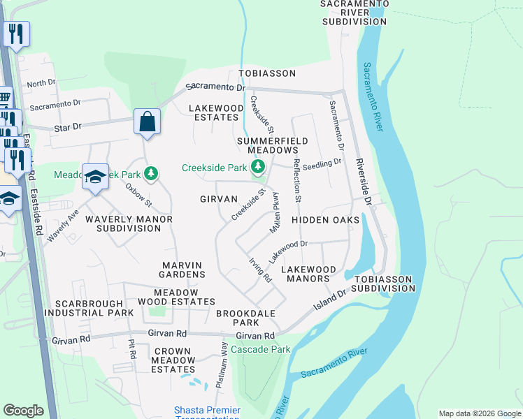 map of restaurants, bars, coffee shops, grocery stores, and more near 6629 Creekside Street in Redding