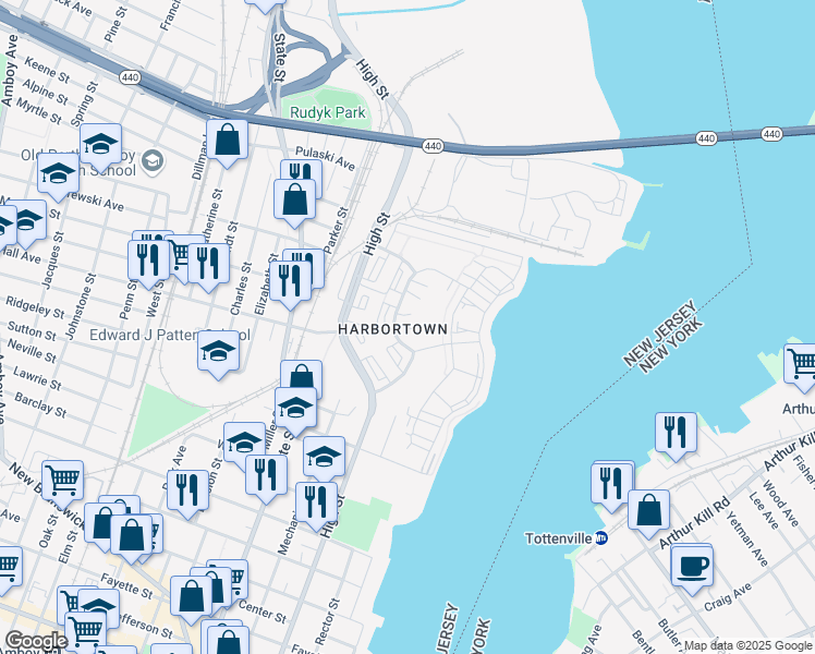 map of restaurants, bars, coffee shops, grocery stores, and more near 1000 Harbortown Boulevard in Perth Amboy