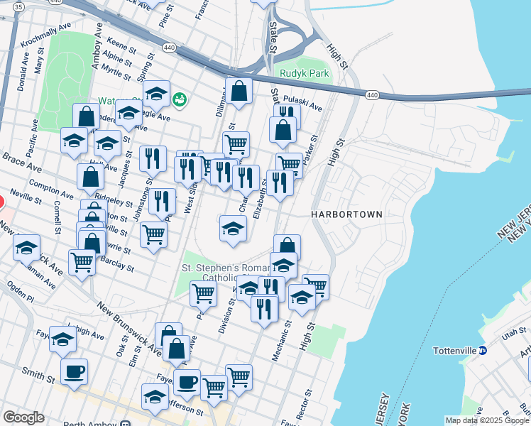 map of restaurants, bars, coffee shops, grocery stores, and more near 170 Hall Avenue in Perth Amboy