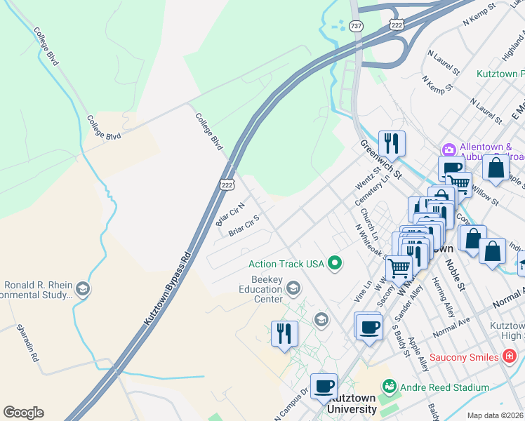 map of restaurants, bars, coffee shops, grocery stores, and more near 509 College Boulevard in Kutztown