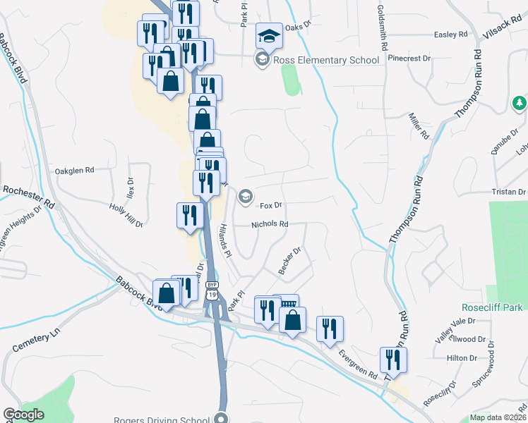 map of restaurants, bars, coffee shops, grocery stores, and more near 506 Fox Drive in Pittsburgh