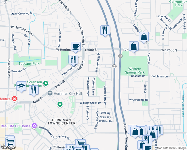 map of restaurants, bars, coffee shops, grocery stores, and more near 4972 Bobcat Drive in Riverton