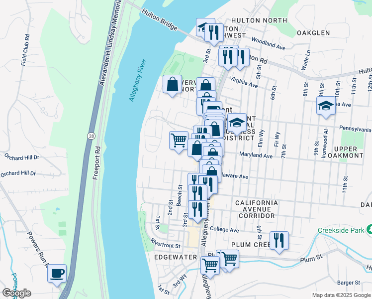 map of restaurants, bars, coffee shops, grocery stores, and more near 565 Cedar Way in Oakmont