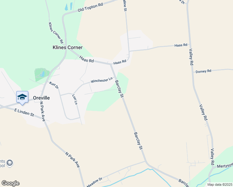 map of restaurants, bars, coffee shops, grocery stores, and more near 410 Barclay Street in Mertztown