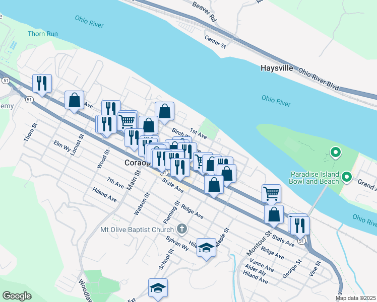 map of restaurants, bars, coffee shops, grocery stores, and more near 122 Mill Street in Coraopolis