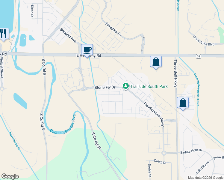 map of restaurants, bars, coffee shops, grocery stores, and more near 5711 Stone Fly Drive in Timnath