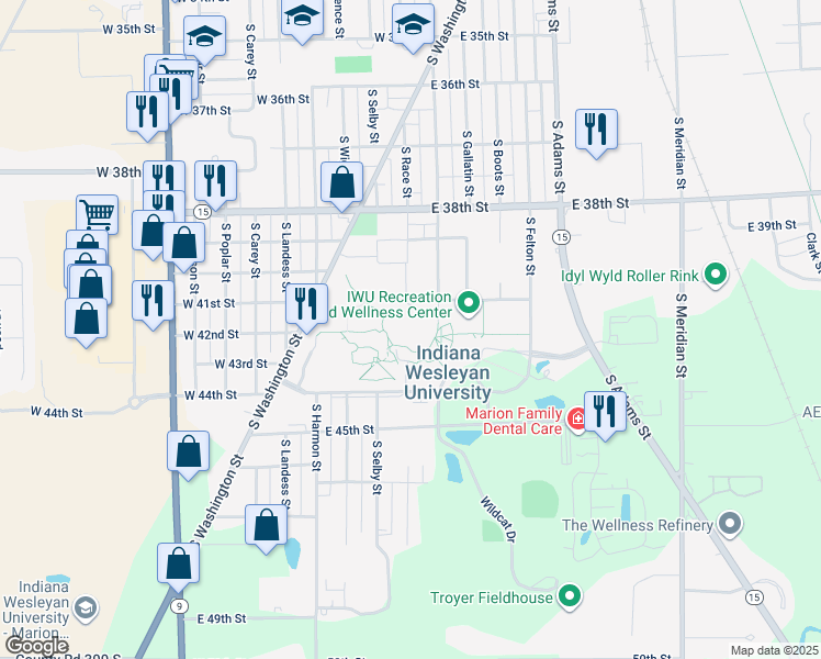 map of restaurants, bars, coffee shops, grocery stores, and more near 4201 South Washington Street in Marion