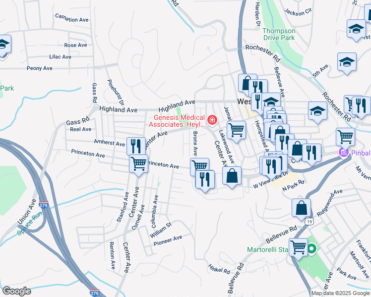 map of restaurants, bars, coffee shops, grocery stores, and more near 139 Cooper Street in West View