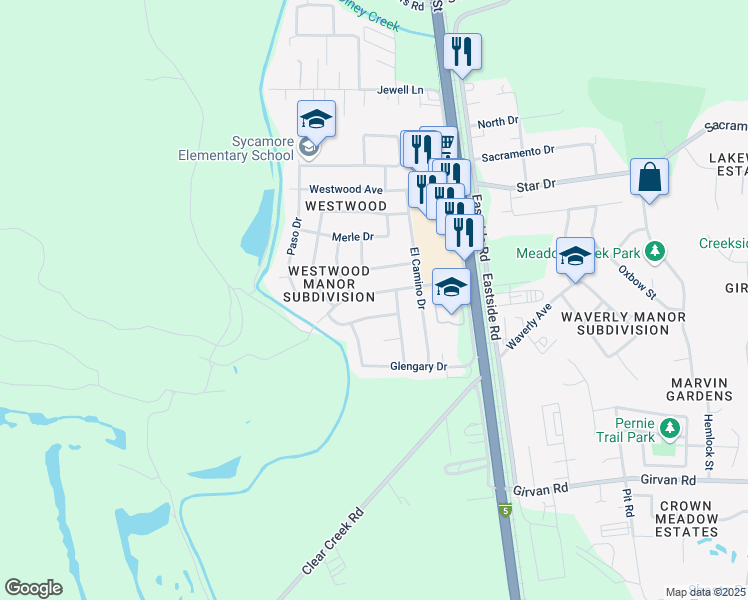map of restaurants, bars, coffee shops, grocery stores, and more near 2040 Meadowbrook Drive in Redding