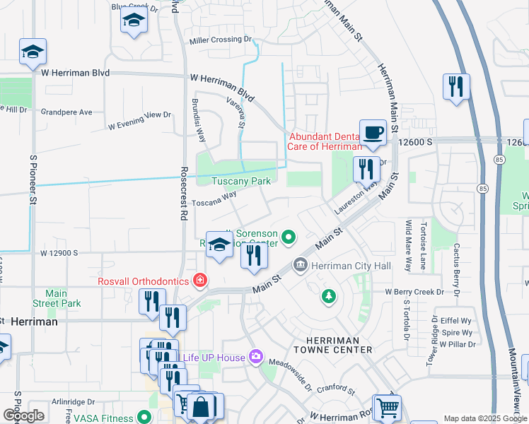 map of restaurants, bars, coffee shops, grocery stores, and more near 5392 Venetia Street in Herriman