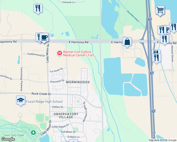 map of restaurants, bars, coffee shops, grocery stores, and more near 4863 Northern Lights Drive in Fort Collins